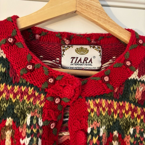 Vintage Tiara Hand Knit Heritage Ramie Cotton Hand Knit Christmas Cardigan M Red - Picture 4 of 5